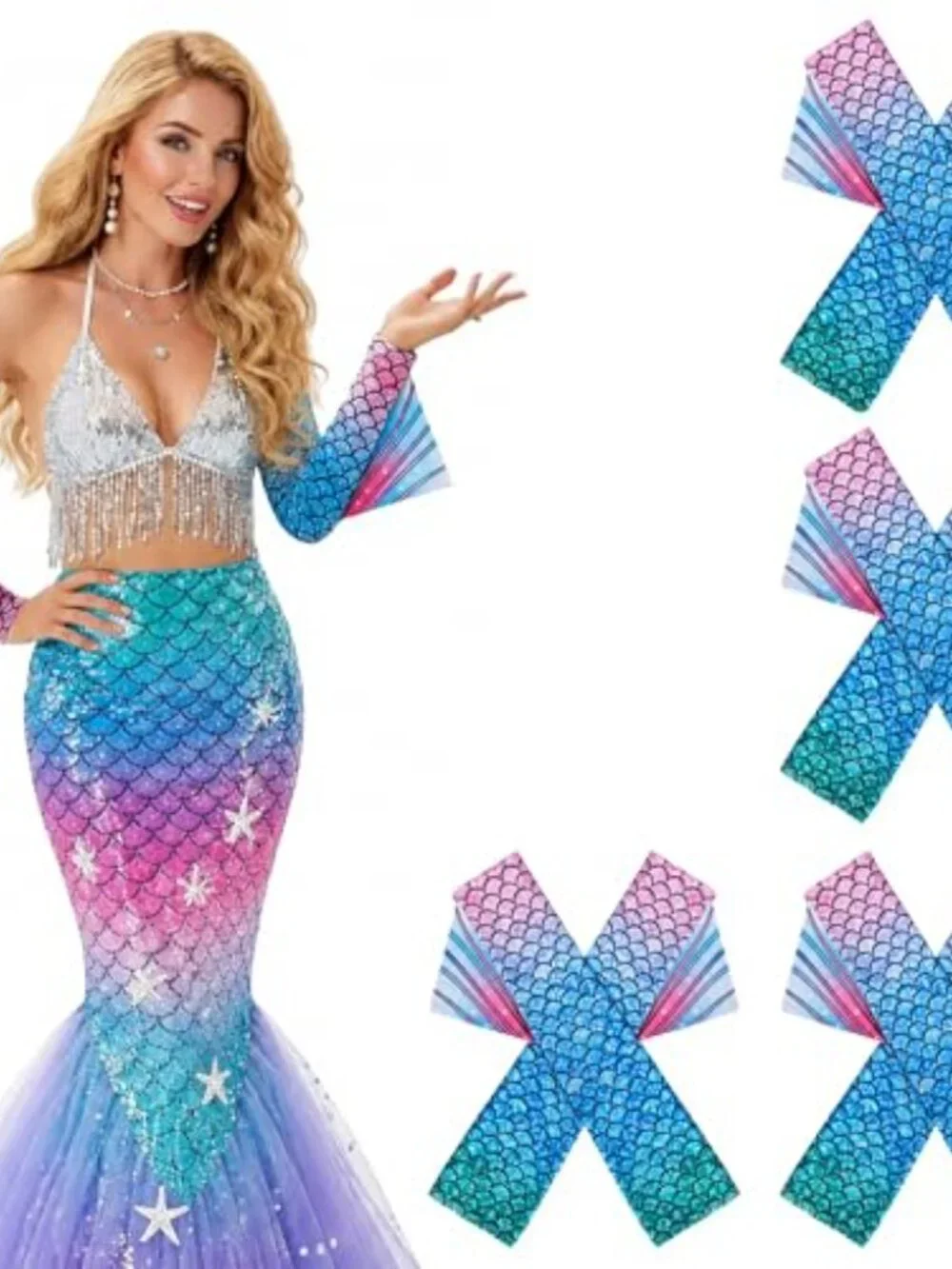 Mermaid Arm Sleeves Fish Scale Fingerless Gloves with Fins Cosplay Gloves